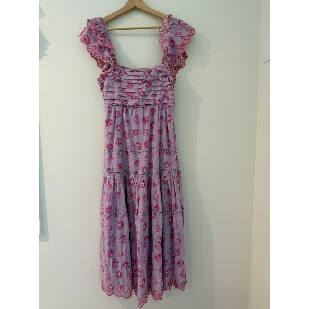LoveShackFancy Harlyn Dress Cotton Eyelet Embroidery Pleated Bodice Rose Print 4 - Picture 4 of 9